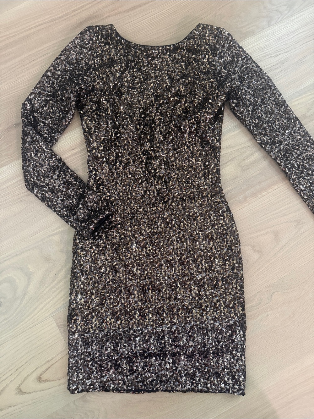 Dress the Population Lola Sequin Long Sleeve Mini Dress S Bronze Gold Black